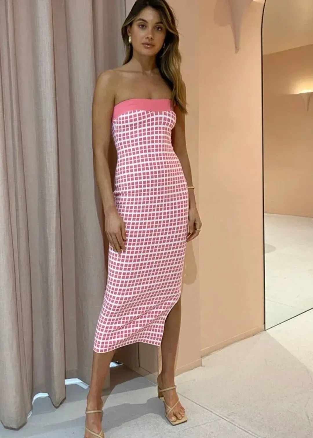 By Johnny Isabella Check Strapless Knit Dress Pink Size Small/Au 8 for rent on The Volte - main image