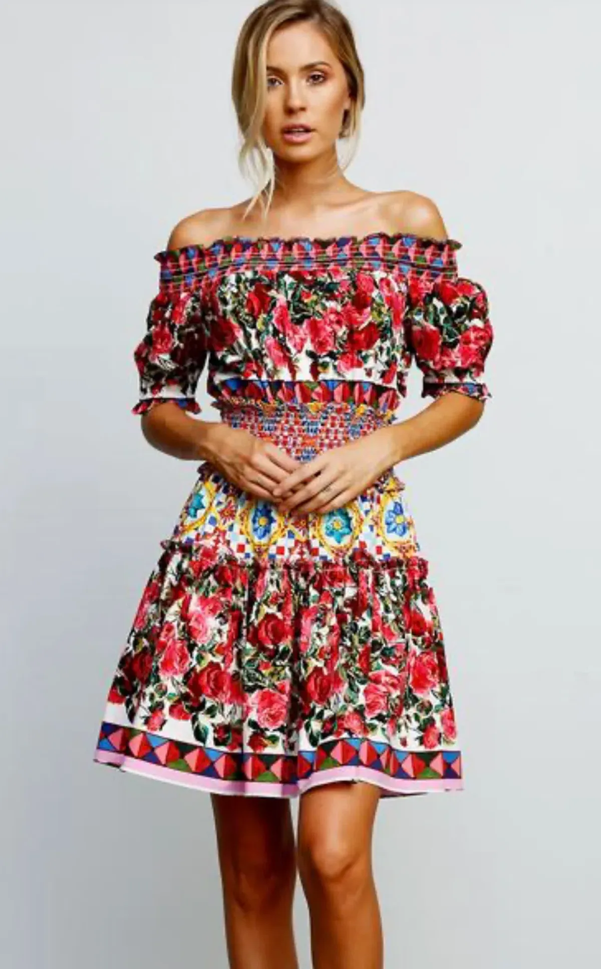 Stylekeepers Wild Flowers Off The Shoulder Mini Dress Multi Floral Size S / AU 8 for rent on The Volte - main image