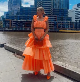 Aje Medina Ruched Cropped Top and Tiered Midi Skirt Set Orange Size 8 / S for rent on The Volte - image 2