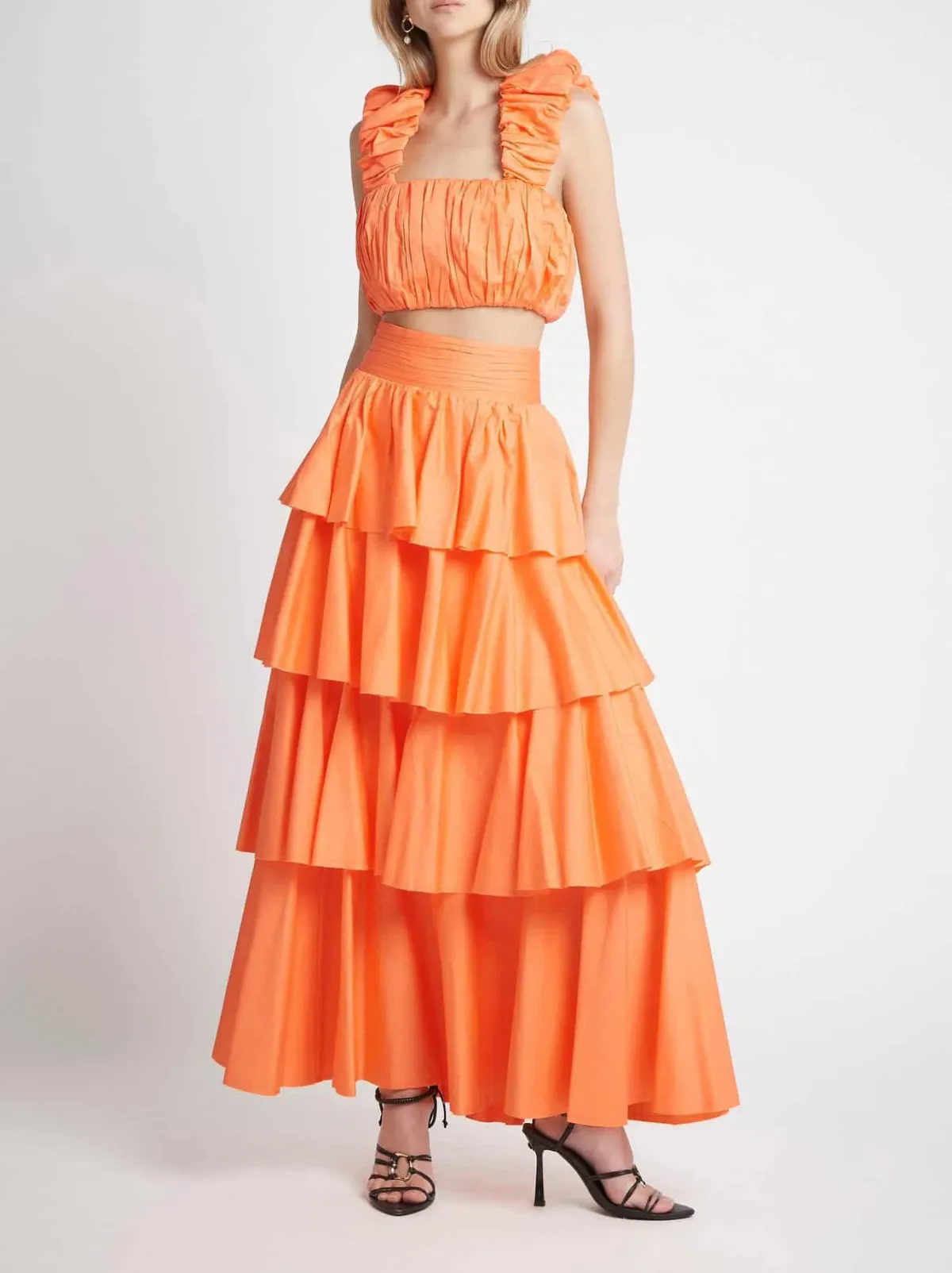 Aje Medina Ruched Cropped Top and Tiered Midi Skirt Set Orange Size 8 / S for rent on The Volte - main image