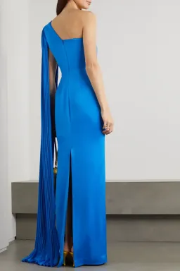 Alex Perry Marnel One Shoulder Cape Effect Pleated Satin Crepe Maxi Dress Blue Size 8 for rent on The Volte - image 3
