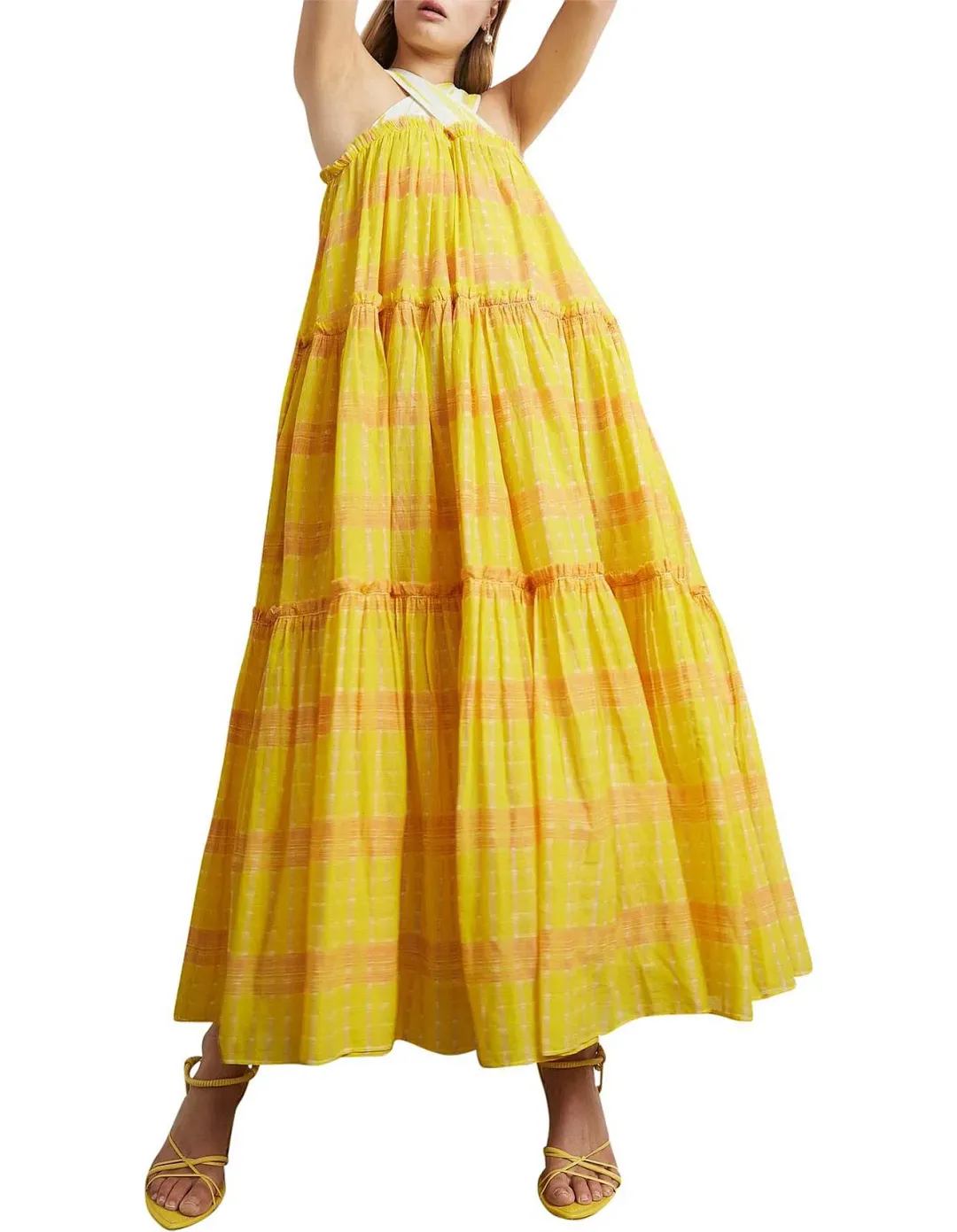 Aje Wilderness Tiered Dress Yellow Check Size 6 for rent on The Volte - main image