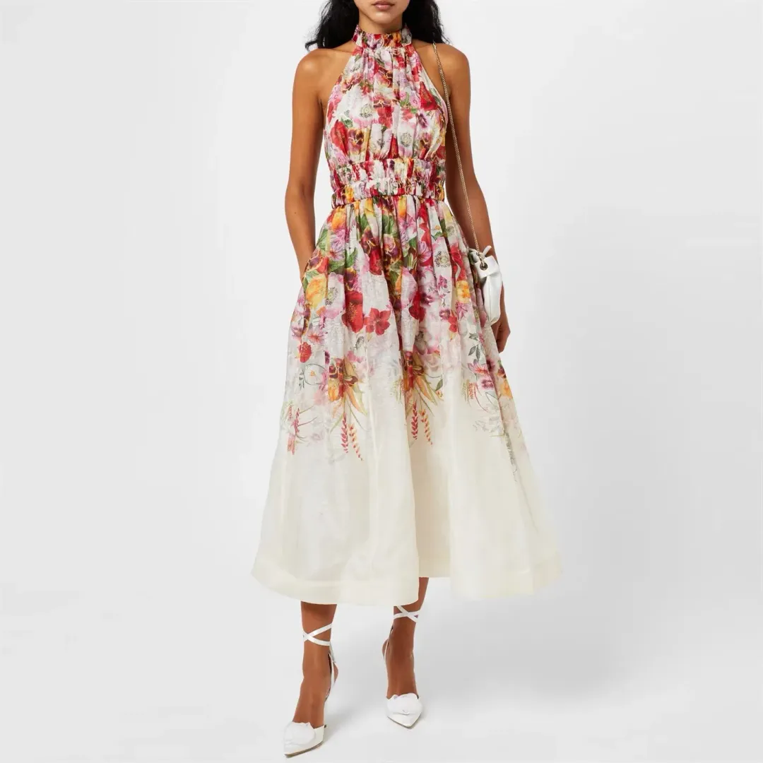 Zimmermann The Wonderland Halter Dress in Elka Poppy Ivory Print Size 1 /Au 10 for rent on The Volte - main image