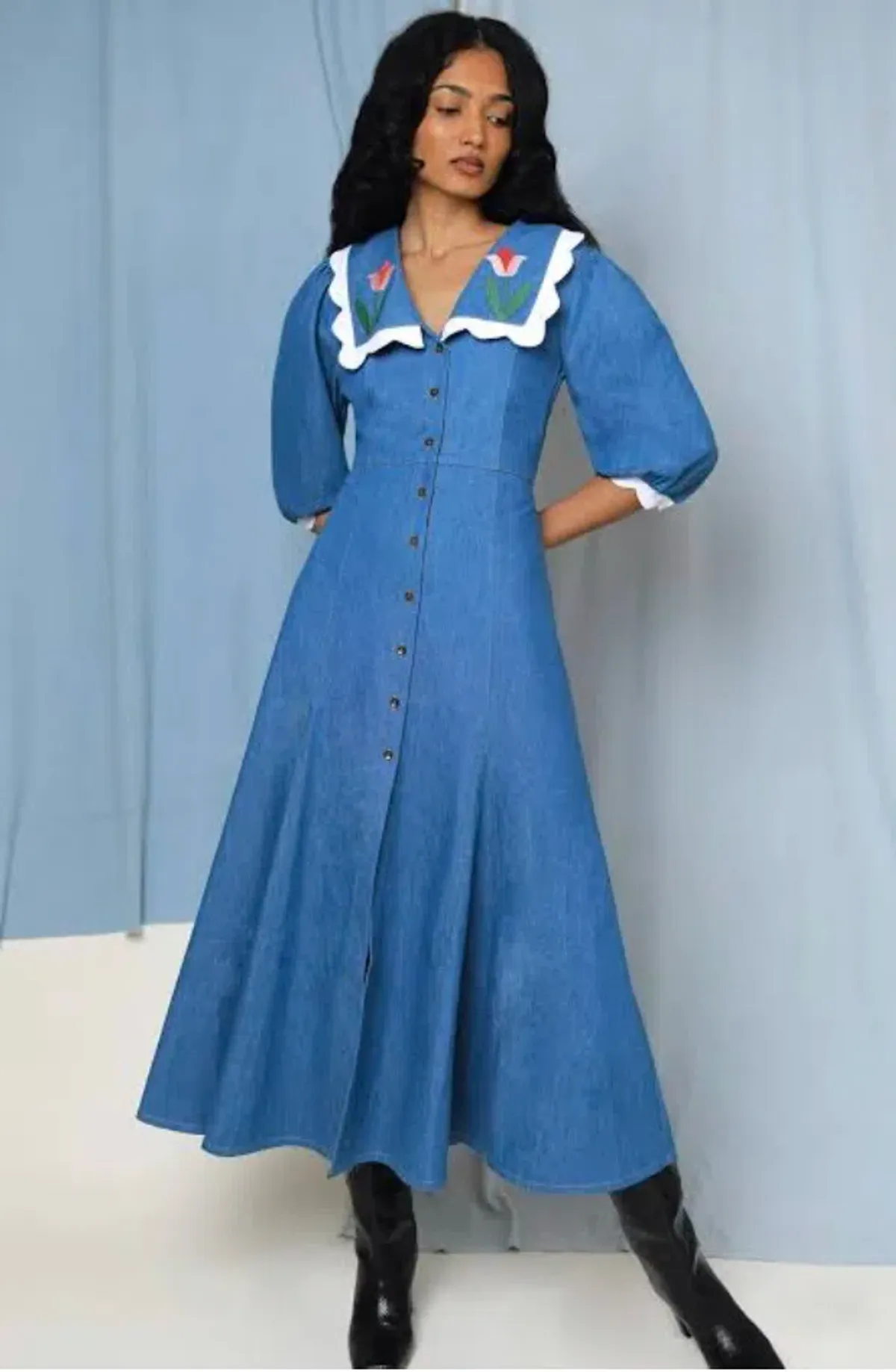 Rixo Ellen Denim Tulip-embroidered Dress Blue Size 6 - Image 1