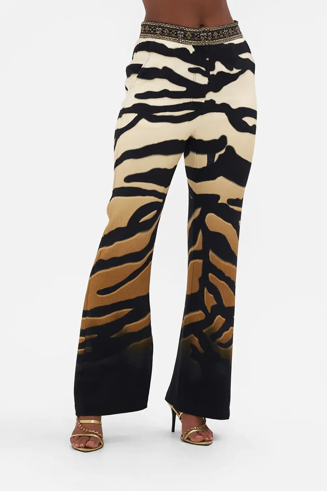Camilla Full Length Flared Pant Tame My Tiger Print Size L / AU 14 for rent on The Volte - main image