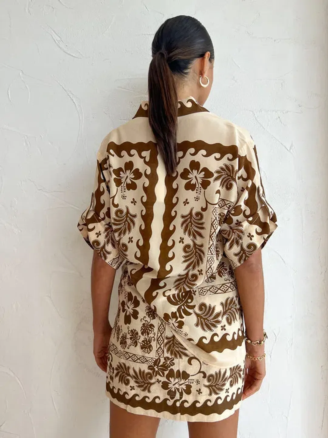 Alemais Tropic Shirt and Sarong Set Choc / Cream Size 10 for rent on The Volte - main image