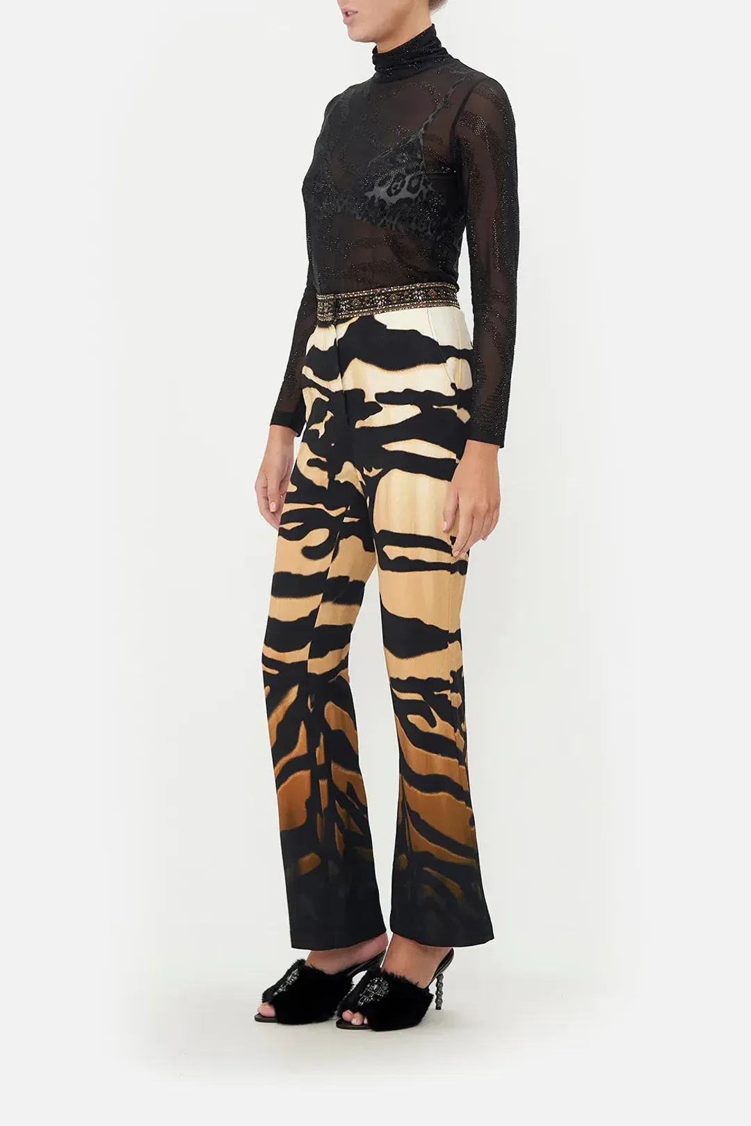 Camilla Jersey Turtleneck Tame My Tiger Black with Camilla Cool For Cats Soft Bra & Camilla Full Length Flared Pant Tame My Tiger (L / AU14) for rent on The Volte - main image