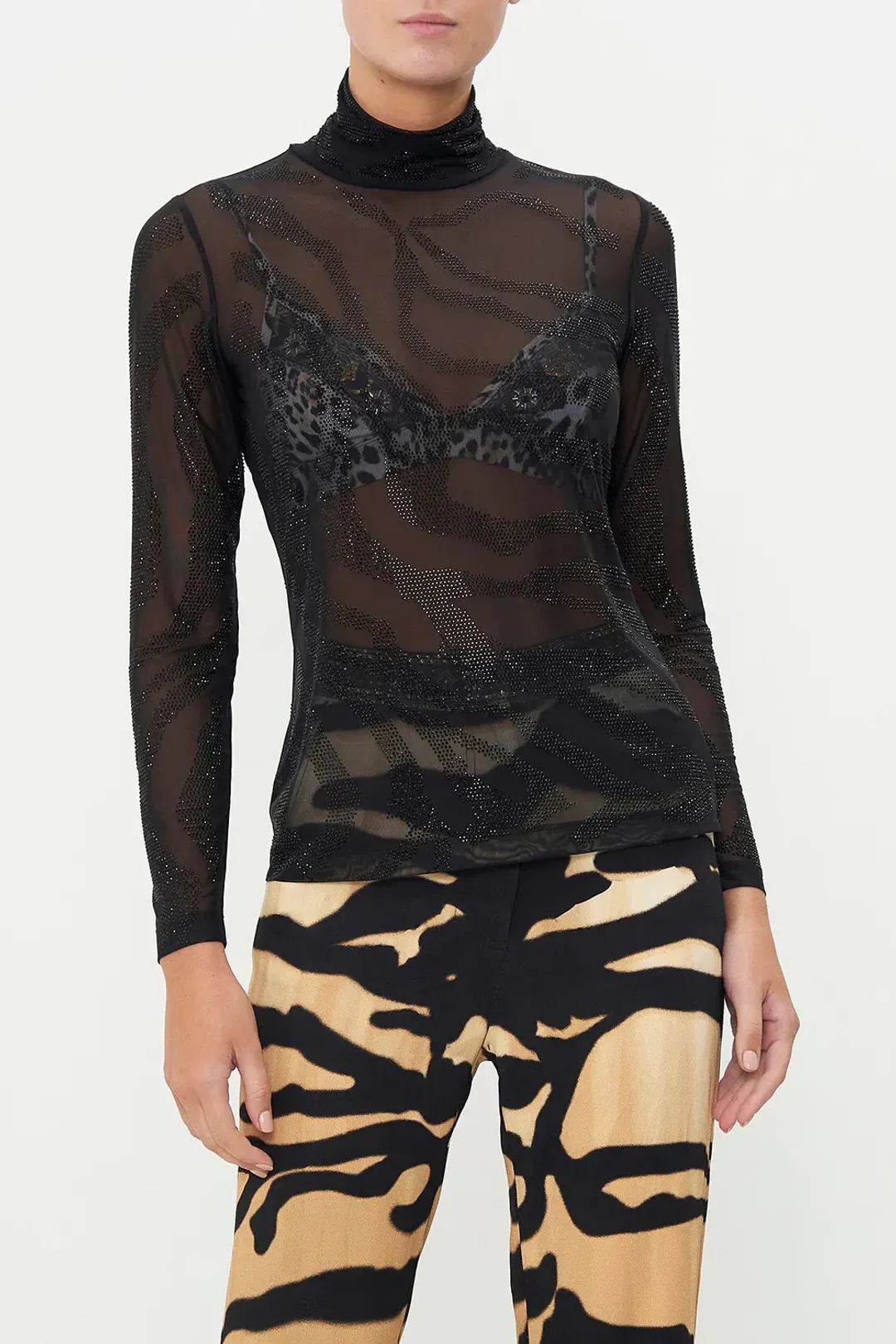 Camilla Jersey Turtleneck Tame My Tiger Black with Camilla Cool For Cats Soft Bra & Camilla Full Length Flared Pant Tame My Tiger (L / AU14) for rent on The Volte - main image