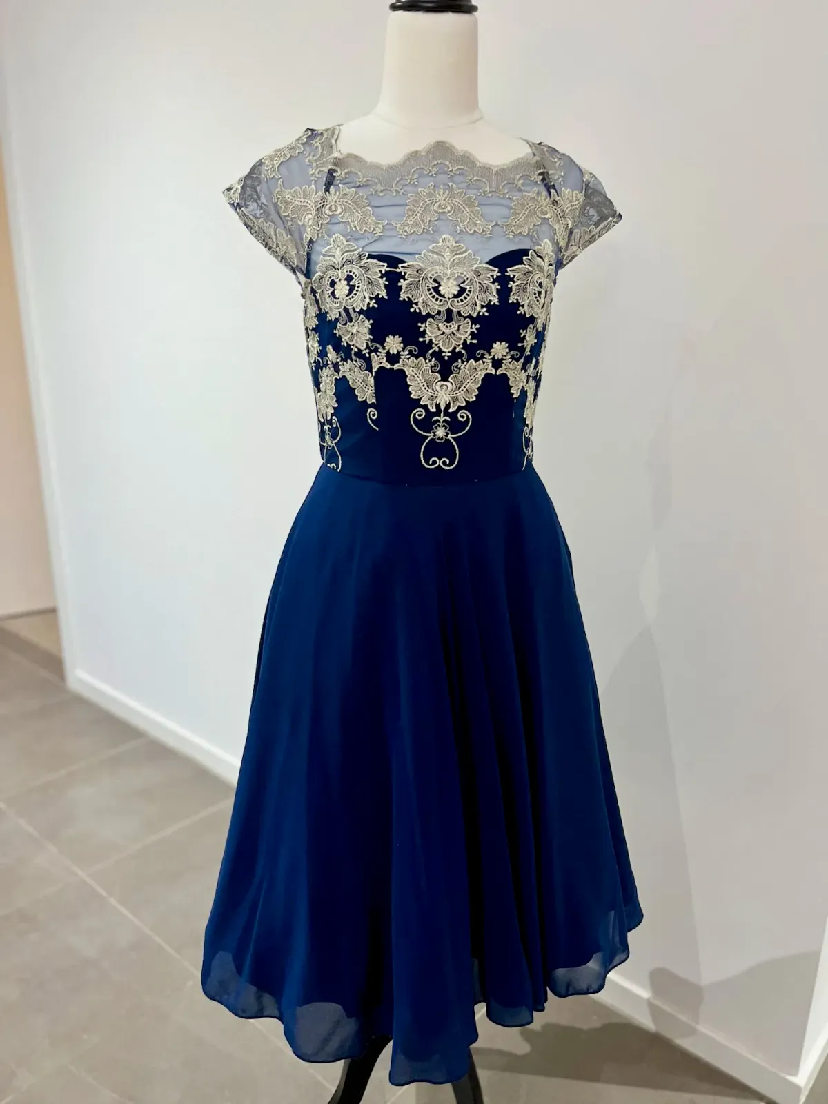 Chi Chi London Chiffon Midi Dress With Embroidery In Navy Size AU 8 - Image 1
