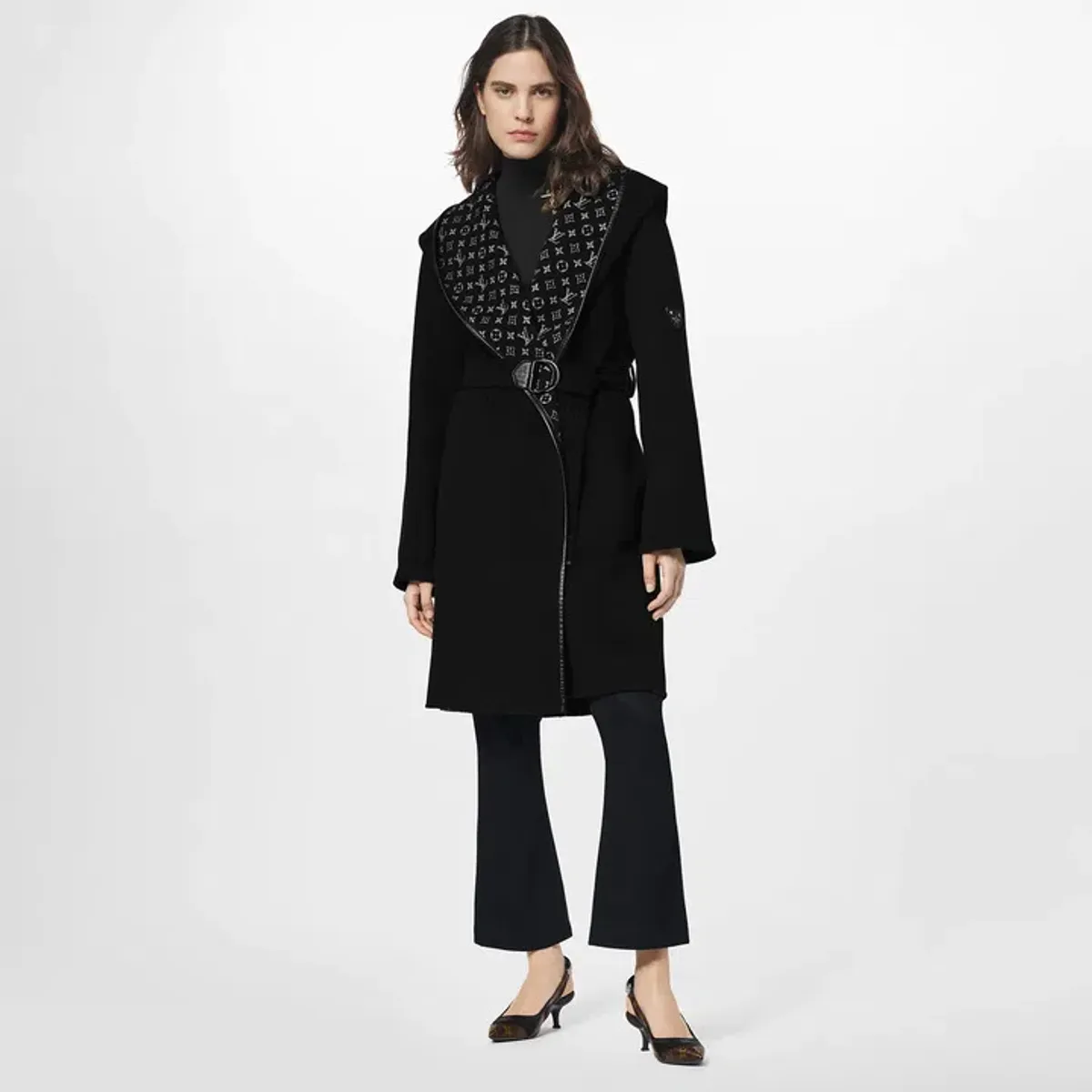 Louis Vuitton Hooded Wrap Coat Black Size AU 8 for rent on The Volte - main image