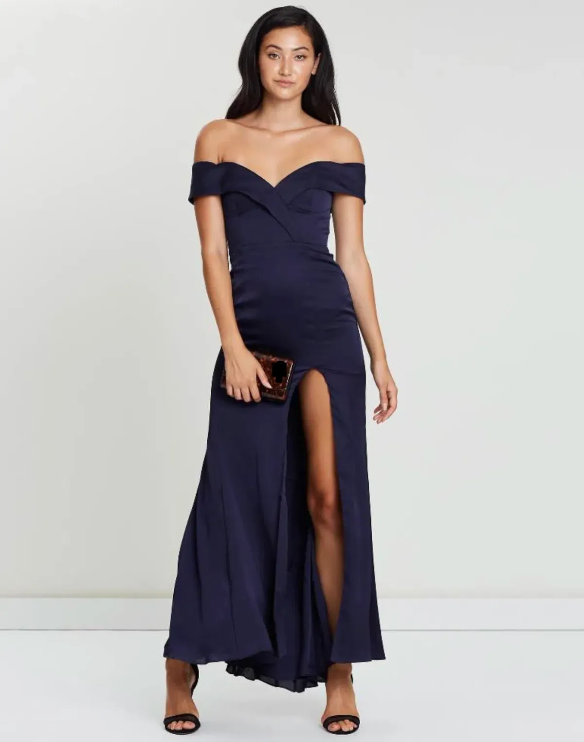 Fame & Partners Off The Shoulder Split Gown In Navy Size AU 8 for rent on The Volte - main image