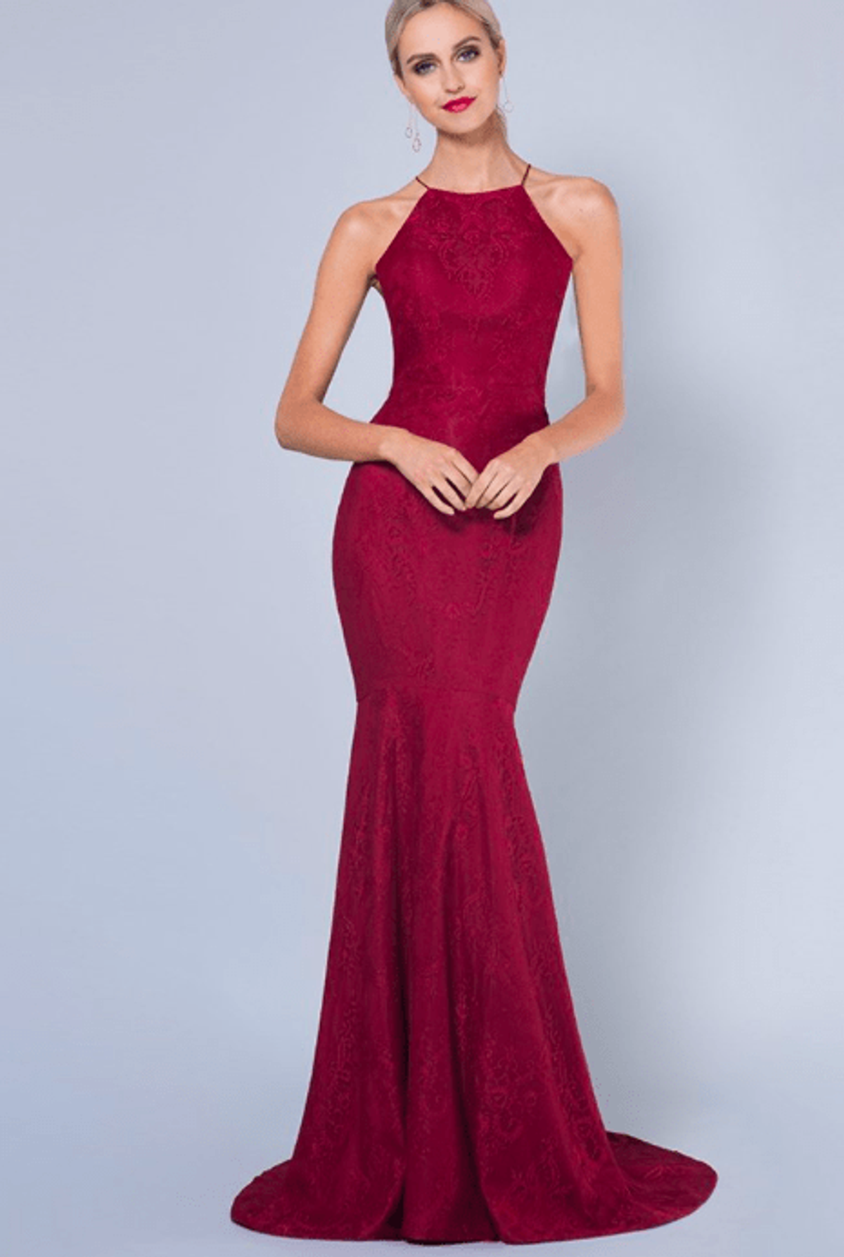 silver fishtail chantilly lace gown deep red - Image 1