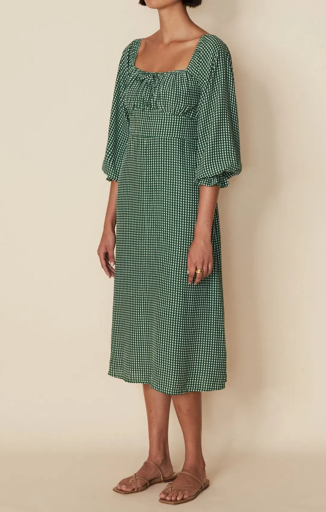 Faithfull The Brand Bennete Midi Dress Green Gingham Check Size 12 for rent on The Volte - main image