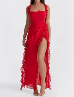 House of CB Ariela Ruffle Maxi Dress Cherry Red Size 8 for rent on The Volte - image 1