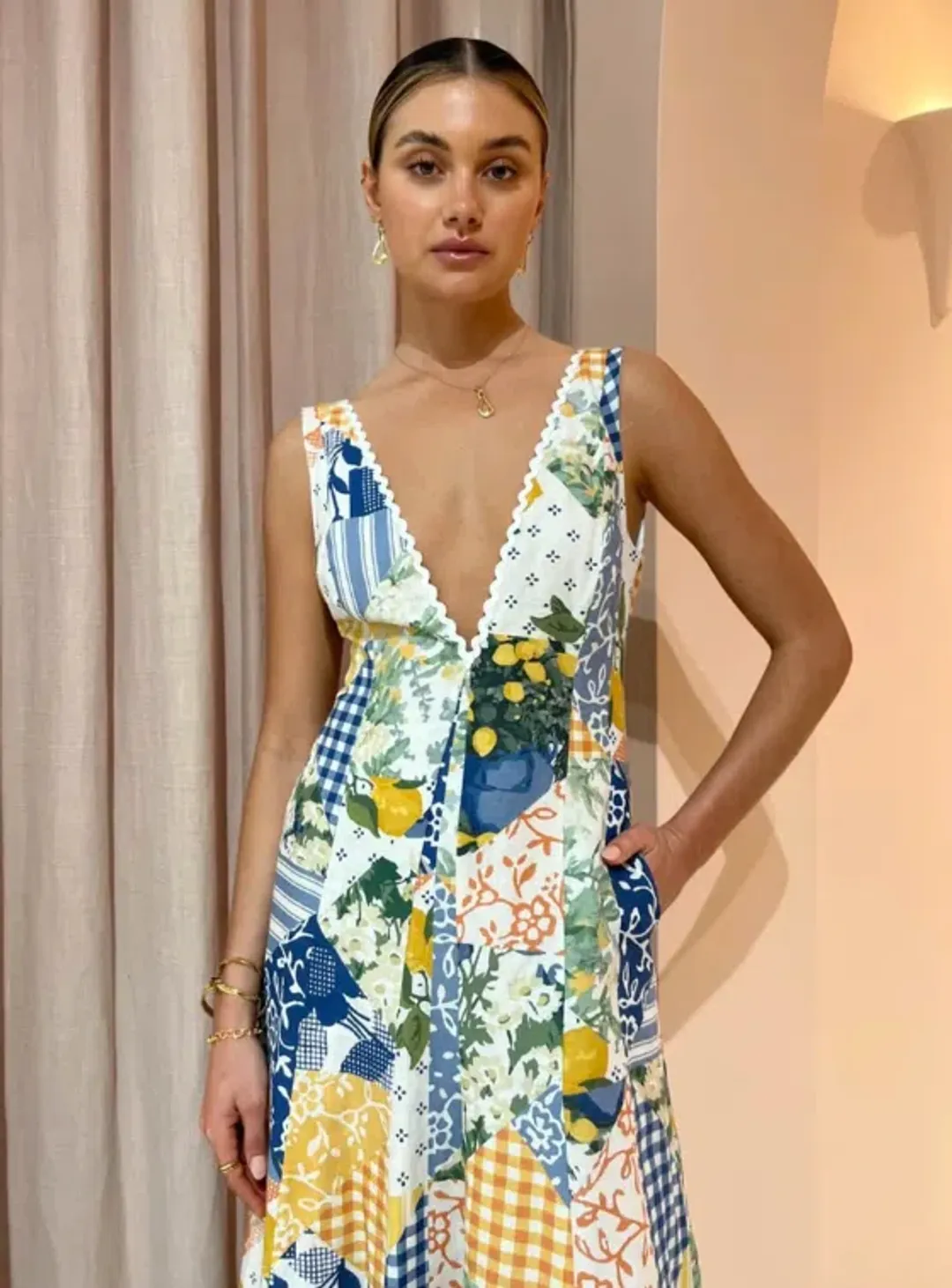 By Nicola Wavy Maxi Dress in Lemon Patchwork Print Size 6 for rent on The Volte - main image