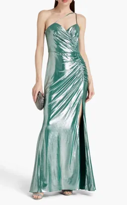 Marchesa Notte One-Shoulder Ruched Metallic Stretch-Jersey Gown Metallic Green Size 10 for rent on The Volte - image 1