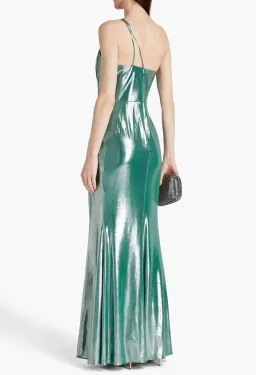 Marchesa Notte One-Shoulder Ruched Metallic Stretch-Jersey Gown Metallic Green Size 10 for rent on The Volte - image 2