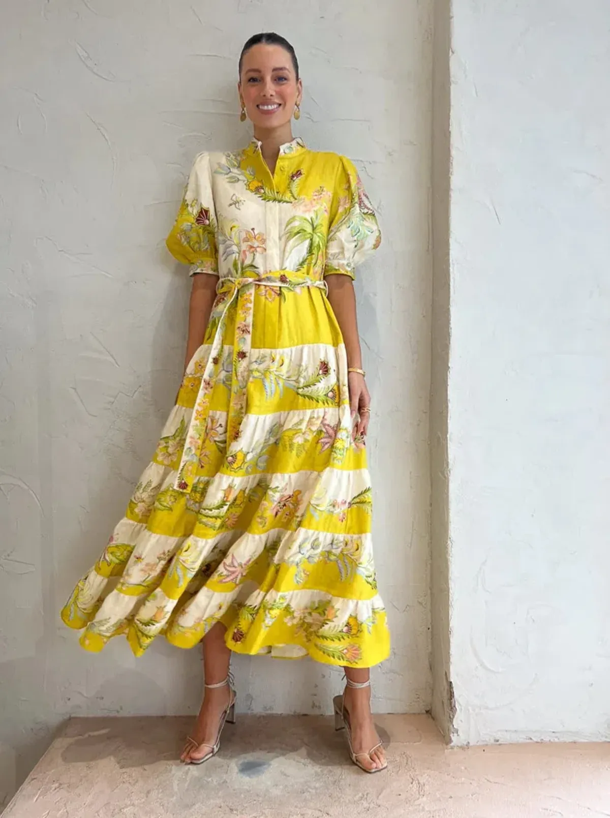 Alemais Ira Tiered Midi Dress Lemon / Cream Size AU 10 - Image 1