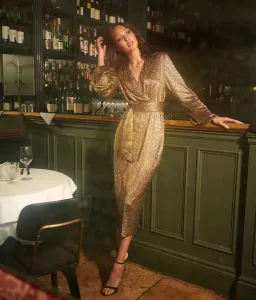 Elle Zeitoune Chase Midi Dress in Gold Size 12 for rent on The Volte - image 4