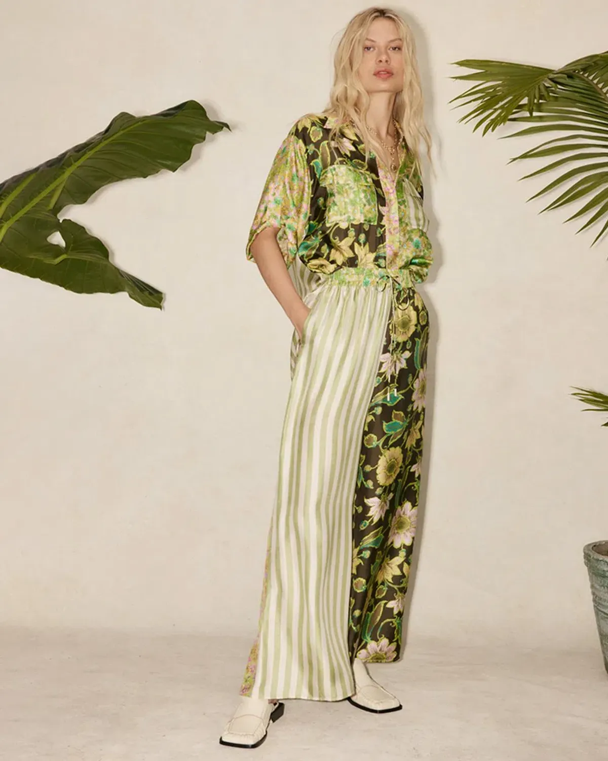 Alemais Winnie Patchwork Spliced Silk Shirt and Pant Set Green Floral Size AU 10 - Image 4