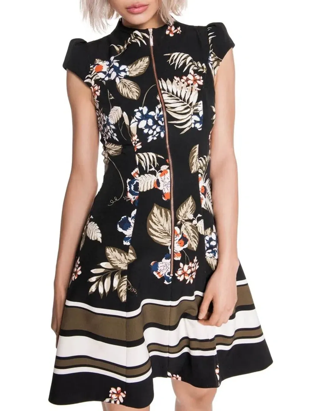 Cue Palm Leaf Zip Front Dress Black Size AU 10 for rent on The Volte - main image