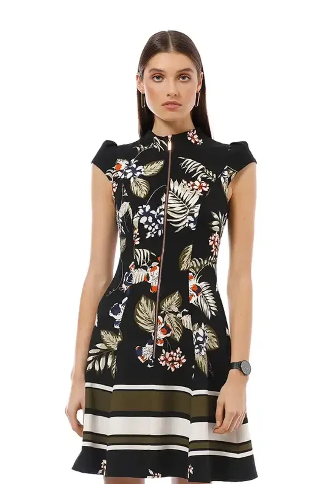 Cue Palm Leaf Zip Front Dress Black Size AU 10 for rent on The Volte - main image