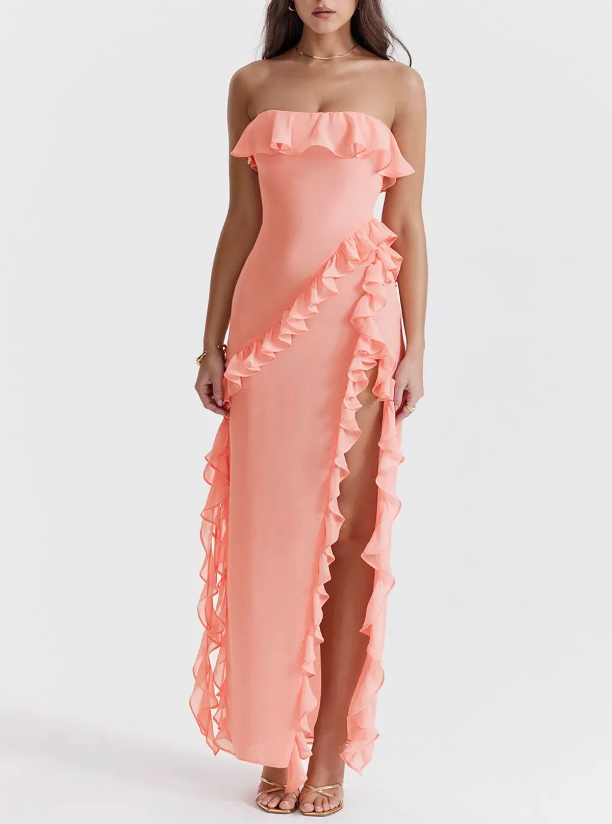 House of CB Sarina Ruffle Maxi Dress Apricot Size 6 for rent on The Volte - main image