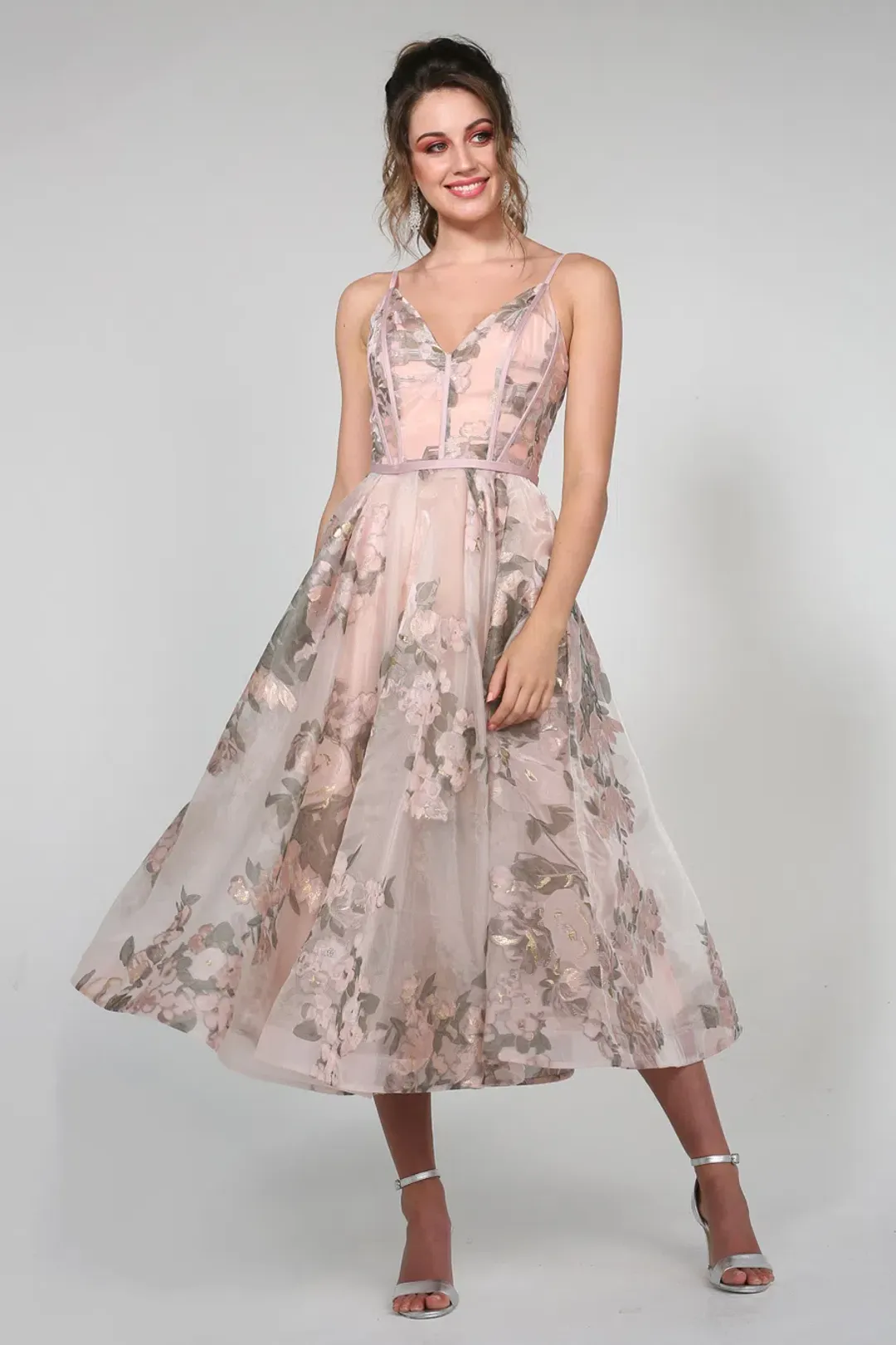 Tina Holly Pastel Floral Dress With Spaghetti Straps With A Line Skirt Floral Size AU 6 for rent on The Volte - main image