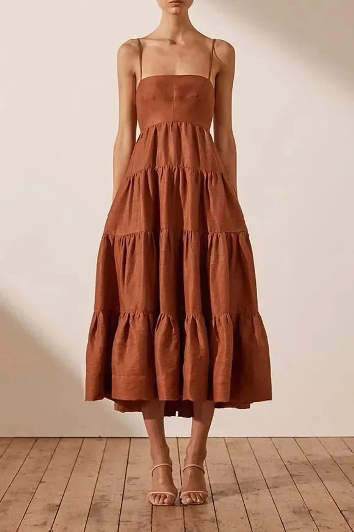 Shona Joy Elsa Tiered Midi Dress Brown Size AU 10 - Image 1