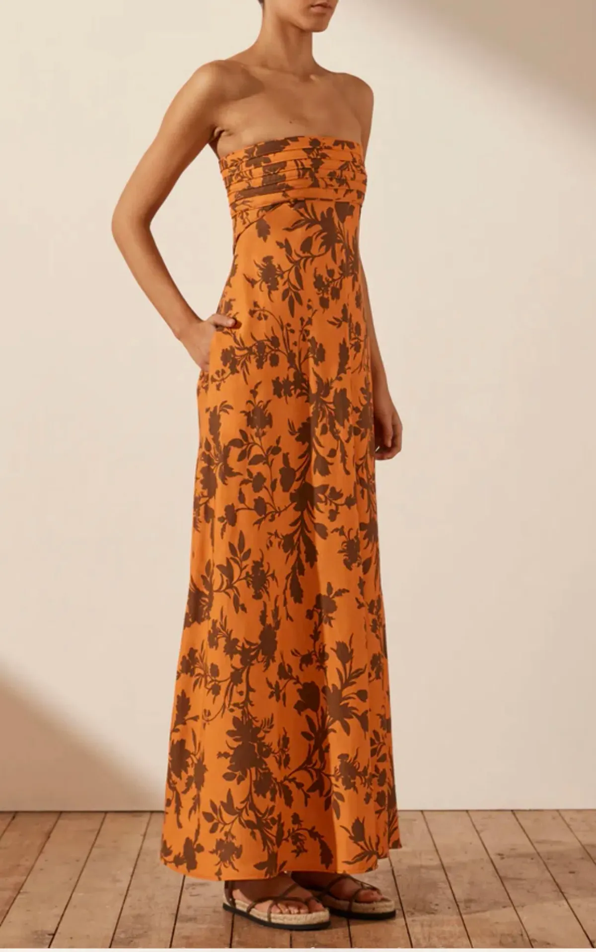 Shona Joy Uli Linen Corded Strapless Maxi Dress Orange Size AU 12 - Image 4