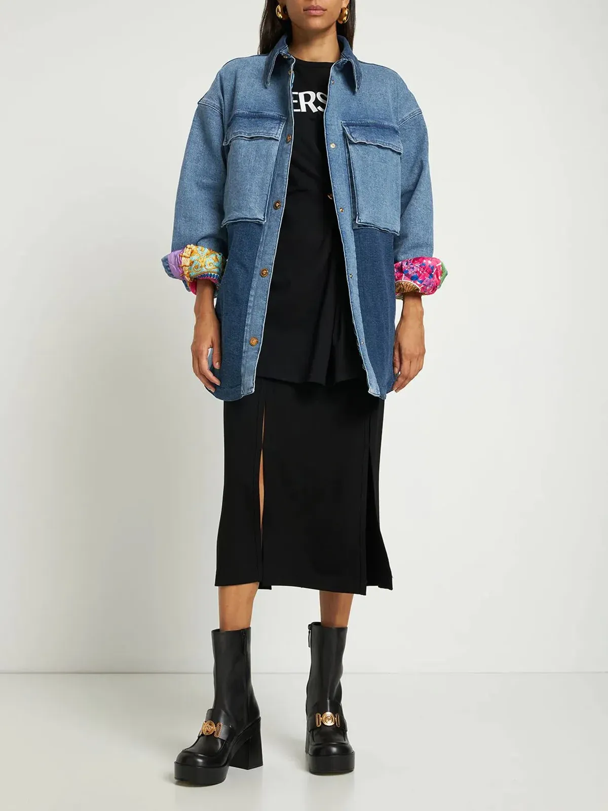 Versace Oversized Patchwork Cotton Denim Shirt Size 8 - Image 1