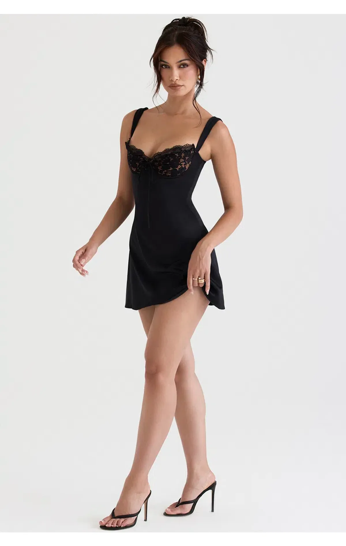 House of CB Adriana Satin and Lace Mini Dress Black Size S/AU 8 - Image 1