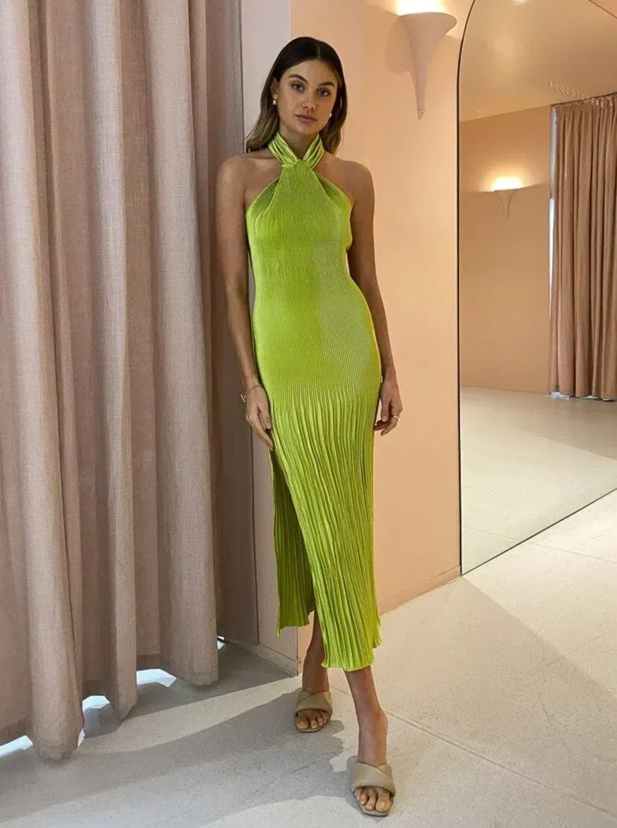 L'Idee Soirée Pleated Halter Gown Green Size 10 for rent on The Volte - main image