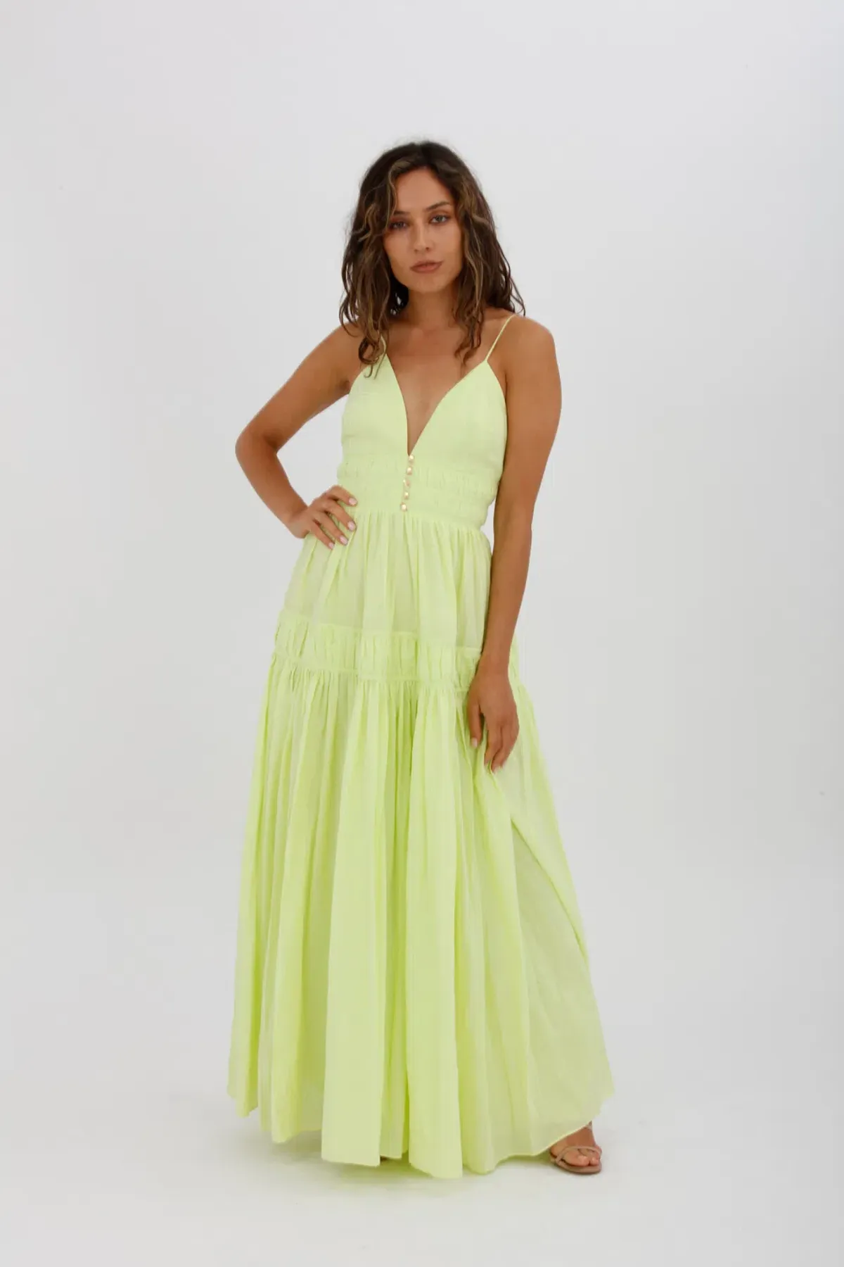 Aje Grace Tiered Midi Dress Pastel Yellow Green Size 10 - Image 1