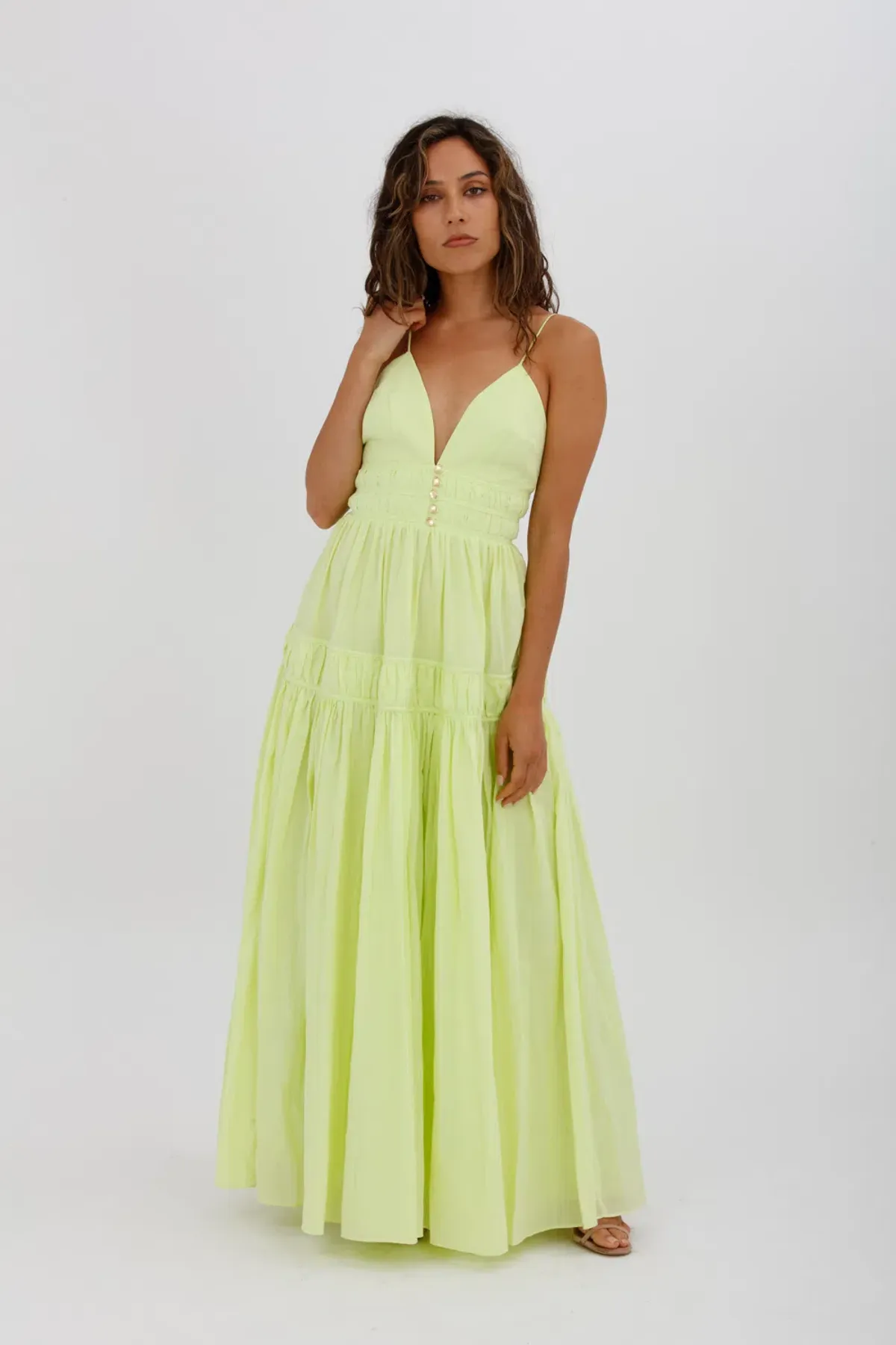 Aje Grace Tiered Midi Dress Pastel Yellow Green Size 10 - Image 11