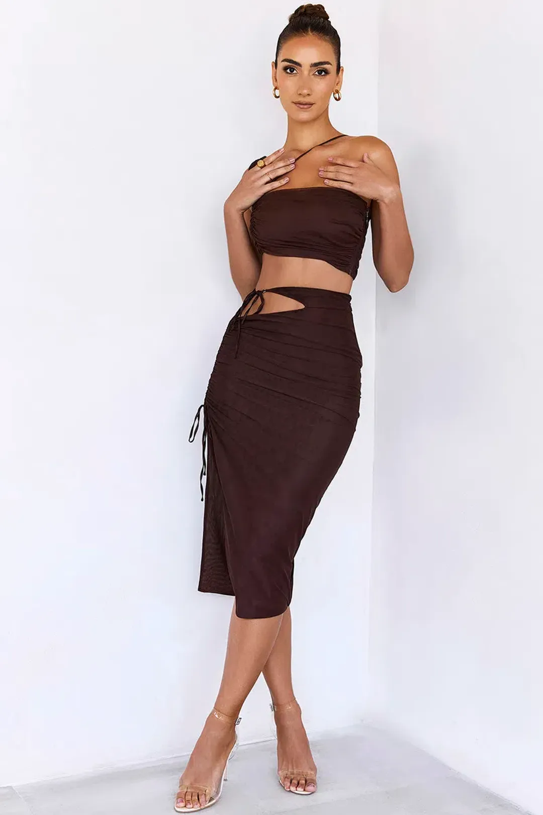 House of CB Mistress Rocks Theory Top and Purity Skirt Set Brown Size XL for rent on The Volte - main image