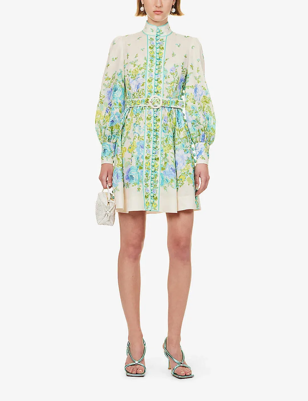 Zimmermann Raie Buttoned Mini Dress Teal/Blue Floral Size 1 / Au 10 for rent on The Volte - main image