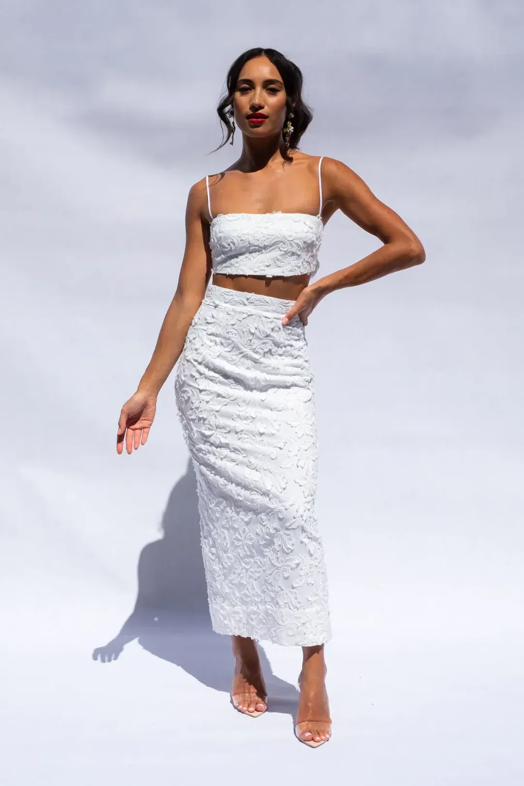 Isabella Longginou Textured Bow Tie Crop and Fitted Pencil Skirt Set White Size 6 for rent on The Volte - main image