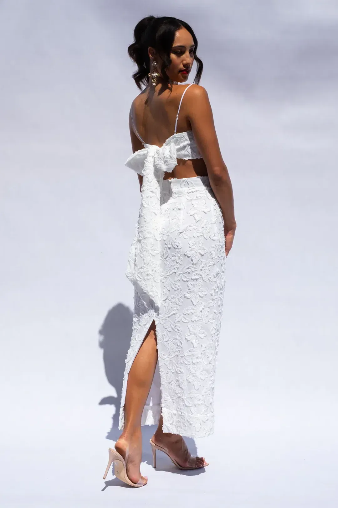 Isabella Longginou Textured Bow Tie Crop and Fitted Pencil Skirt Set White Size 6 for rent on The Volte - main image