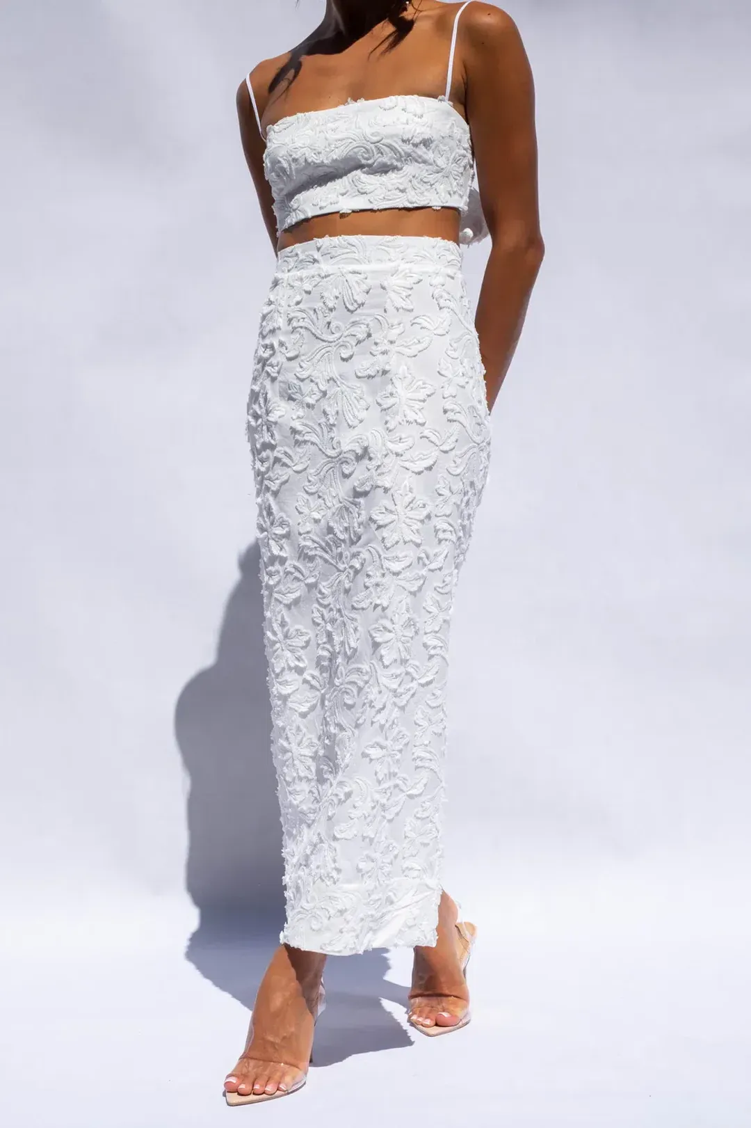 Isabella Longginou Textured Bow Tie Crop and Fitted Pencil Skirt Set White Size 6 for rent on The Volte - main image