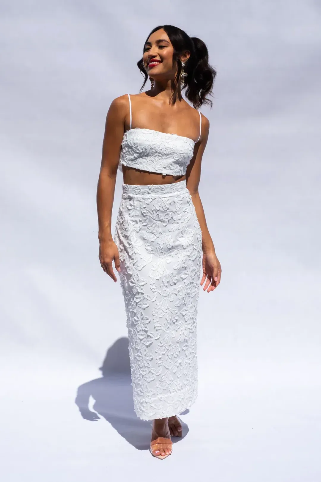Isabella Longginou Textured Bow Tie Crop and Fitted Pencil Skirt Set White Size 6 for rent on The Volte - main image