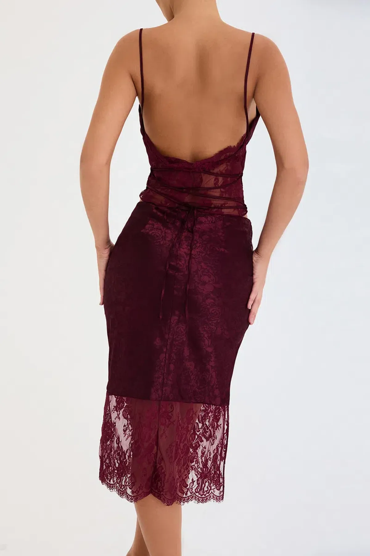 House of CB Mistress Rocks Mulberry Satin And Lace Top and Midi Skirt Burgundy Size S / AU 8 - Image 3