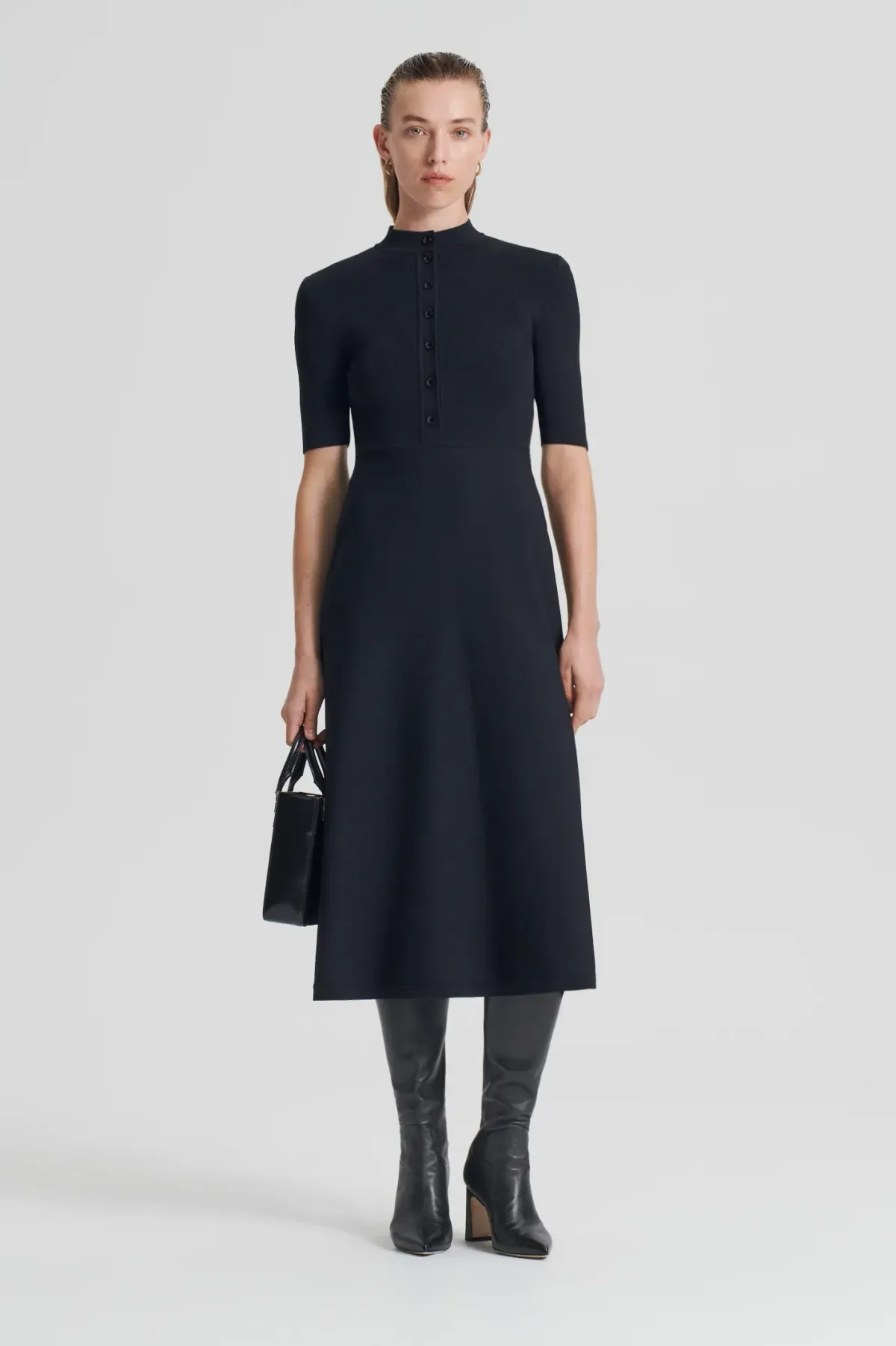 Scanlan Theodore Crepe Knit Short Sleeve Button Midi Dress Black Size XS/AU 6 - Image 1