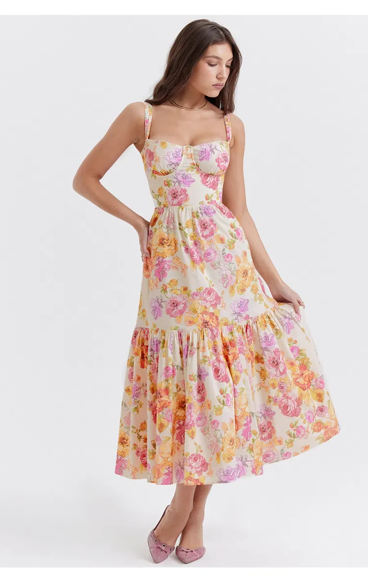 House of CB Elia Midi Dress Ivory Floral Size L / Au 12 (+cup) for rent on The Volte - main image