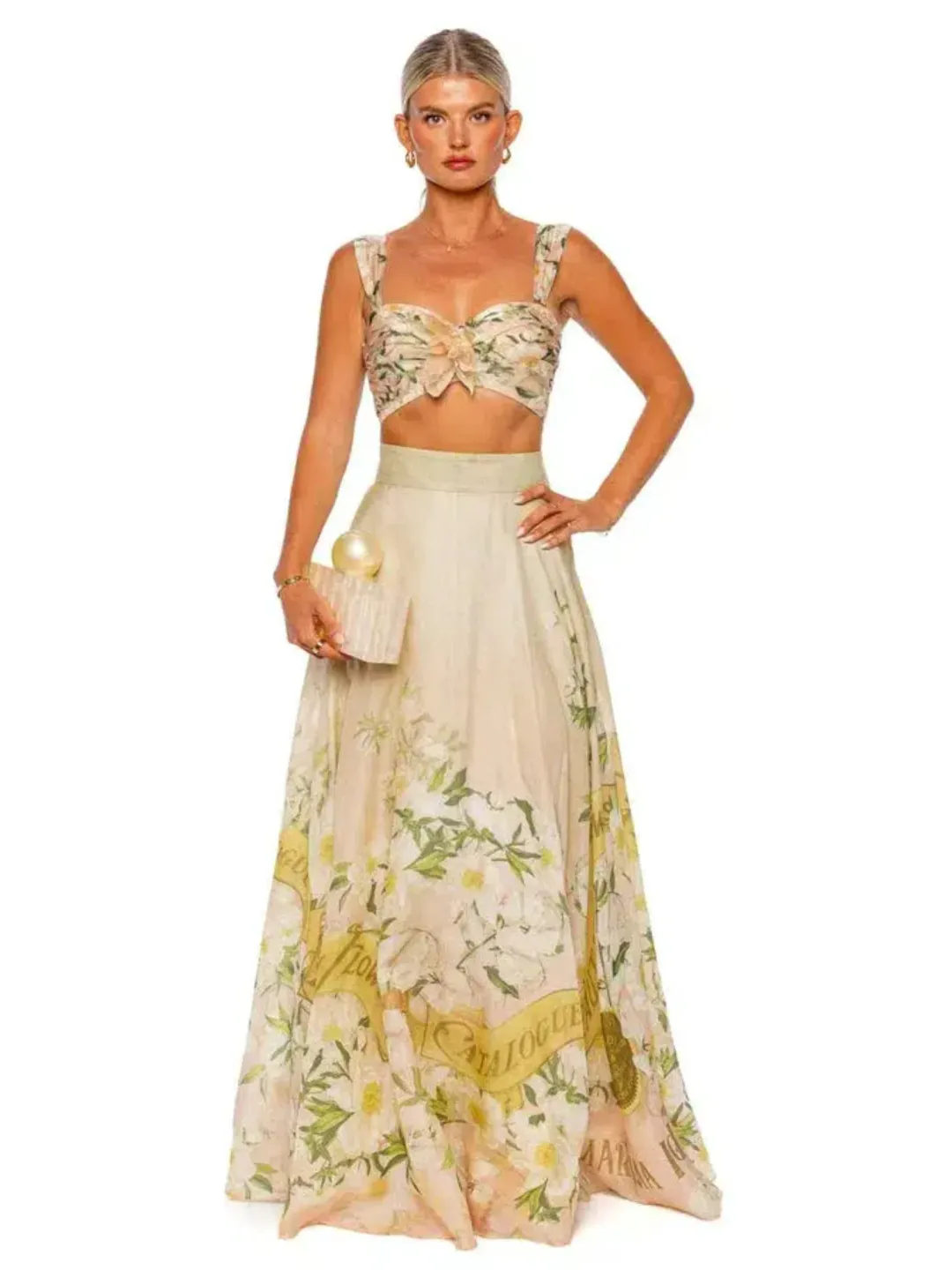 Zimmermann The Coaster Gathered Bra And Maxi Skirt In Blush Garden Floral Size 0 / AU 6 for rent on The Volte - main image