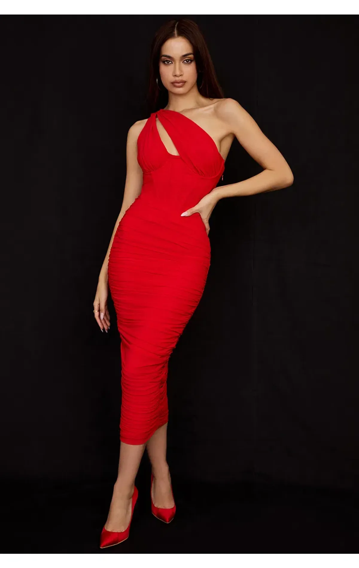 House of CB Valentina Asymmetric Cutout Midi Dress Red Size S/Au 8 for rent on The Volte - main image