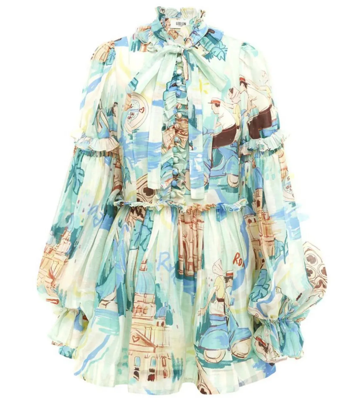 Leo Lin Riley Tie Neck Mini Dress Vacanza Print Size 10 for rent on The Volte - main image