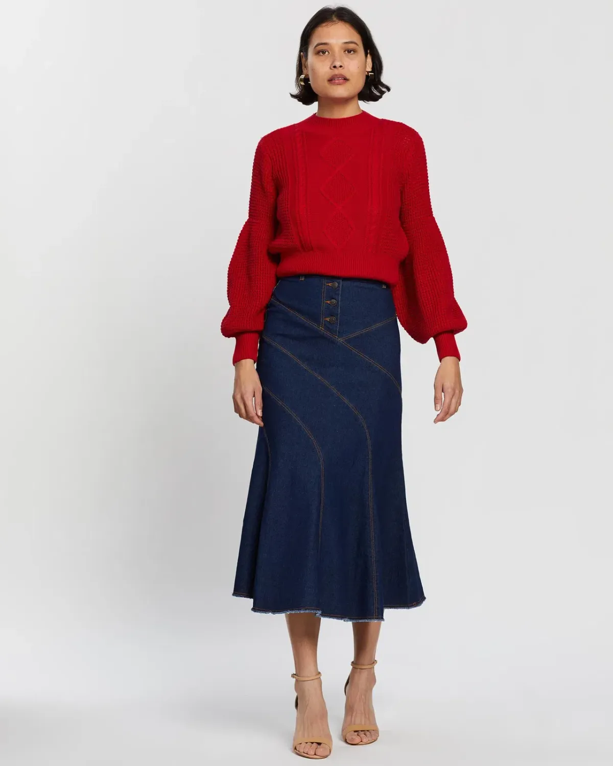 Shona Joy Emerson Contour Denim Midi Skirt Denim Blue Size 10 for rent on The Volte - main image