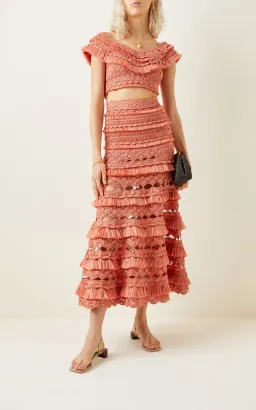 Zimmermann Postcard Fringe Crochet Midi Skirt Pink Size 0 / AU 8 for rent on The Volte - image 1