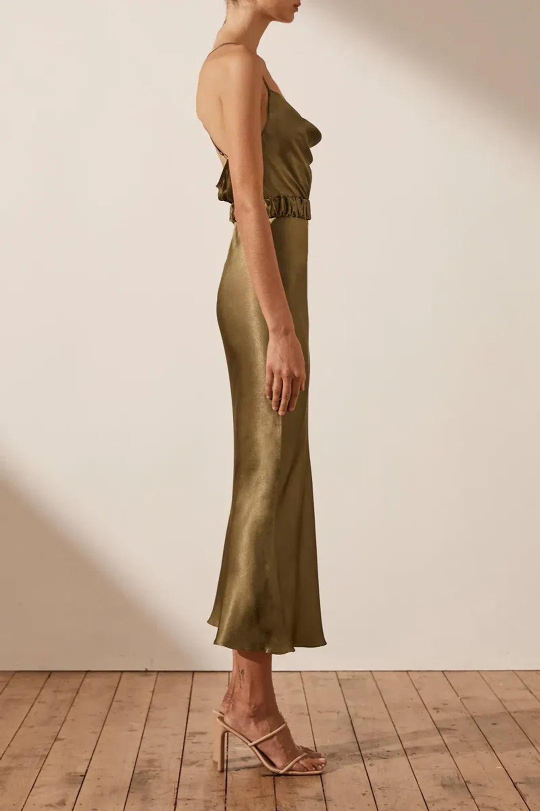 Shona Joy Gala Bias Midi Dress w/ Belt Warm Olive Size 8 for rent on The Volte - main image